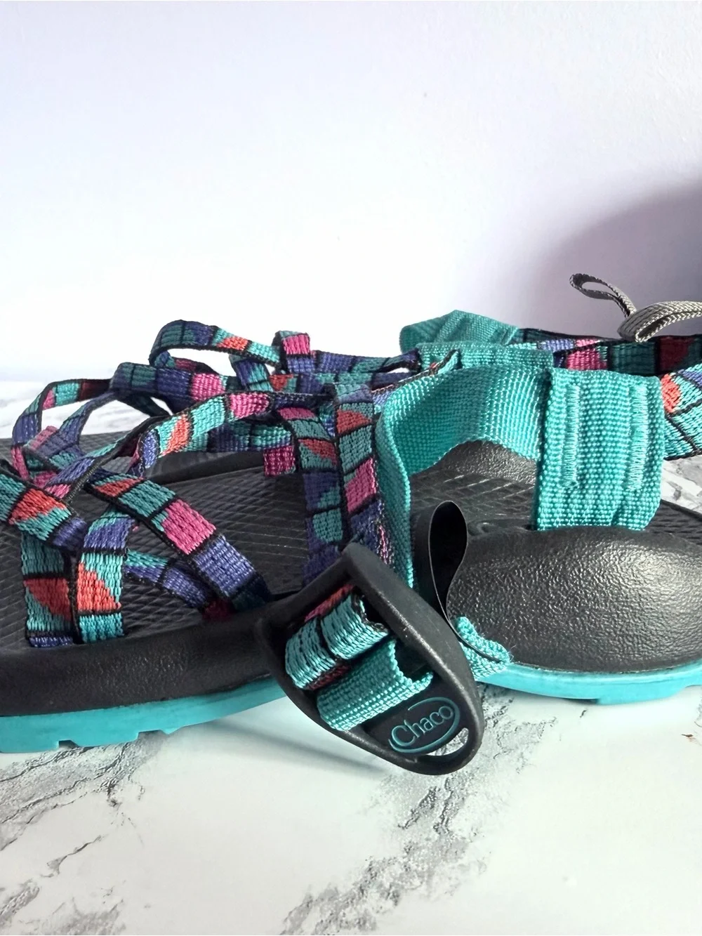 Chaco Kids Multicolor Patterned Webbing Teal Strap Sandals